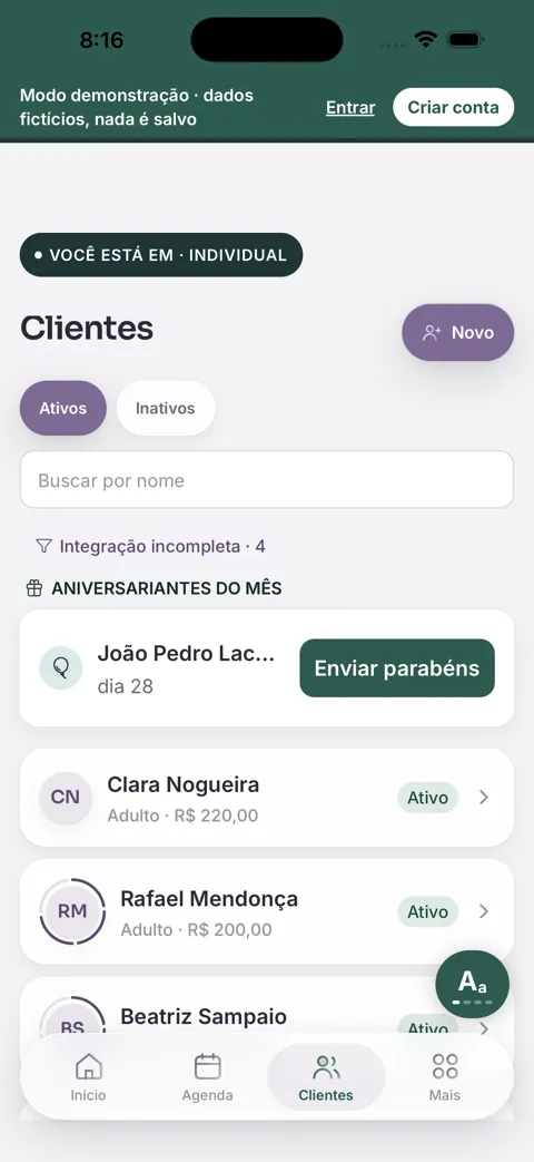 Lista de clientes do OfficePsy com valores por sessão