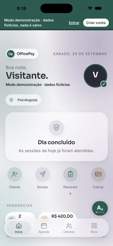 Tela de início do OfficePsy no modo demonstração, com pendências e atalhos